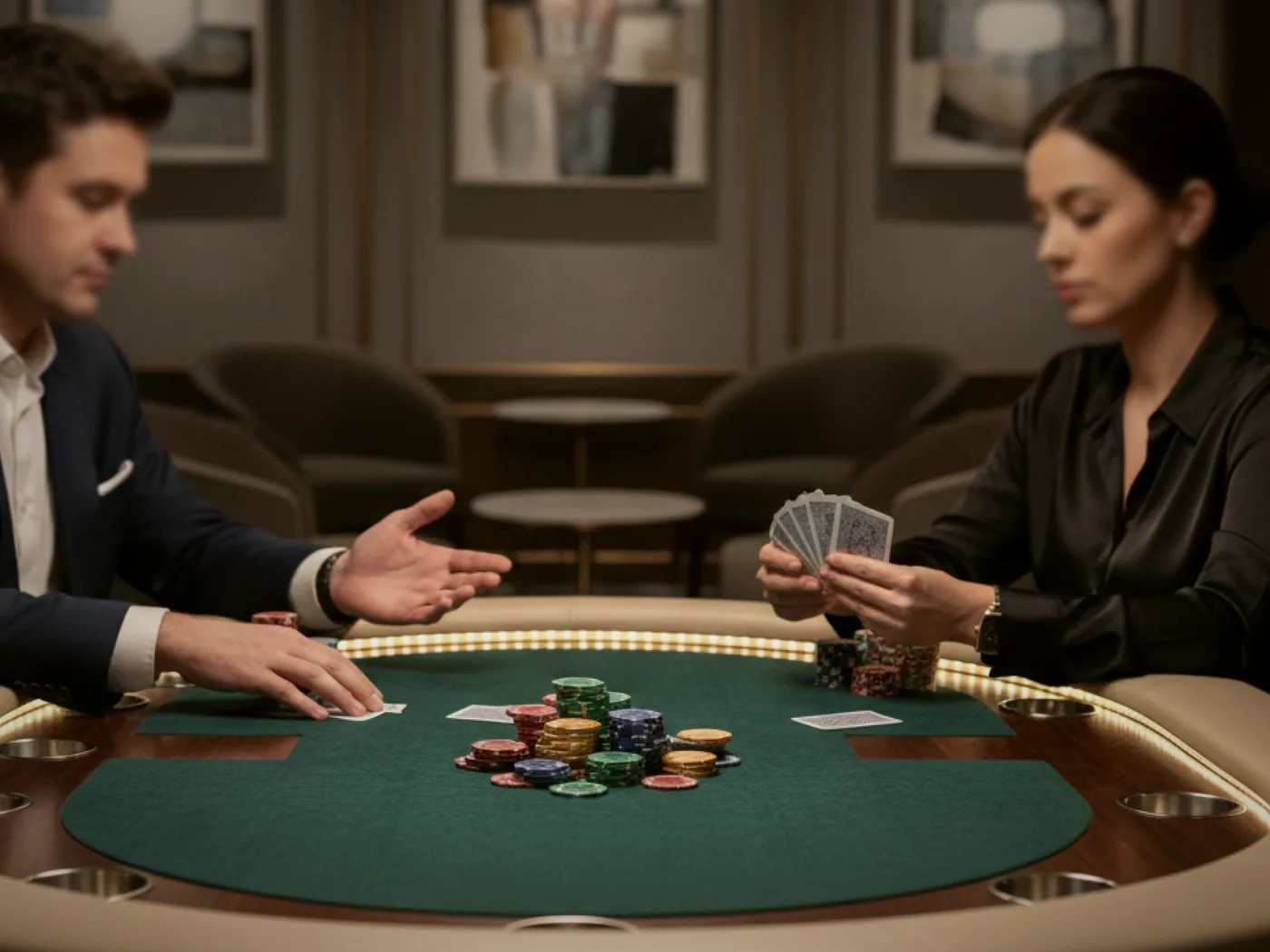 A house dealer dealing a hand of five hundred across green baize to four waiting players.