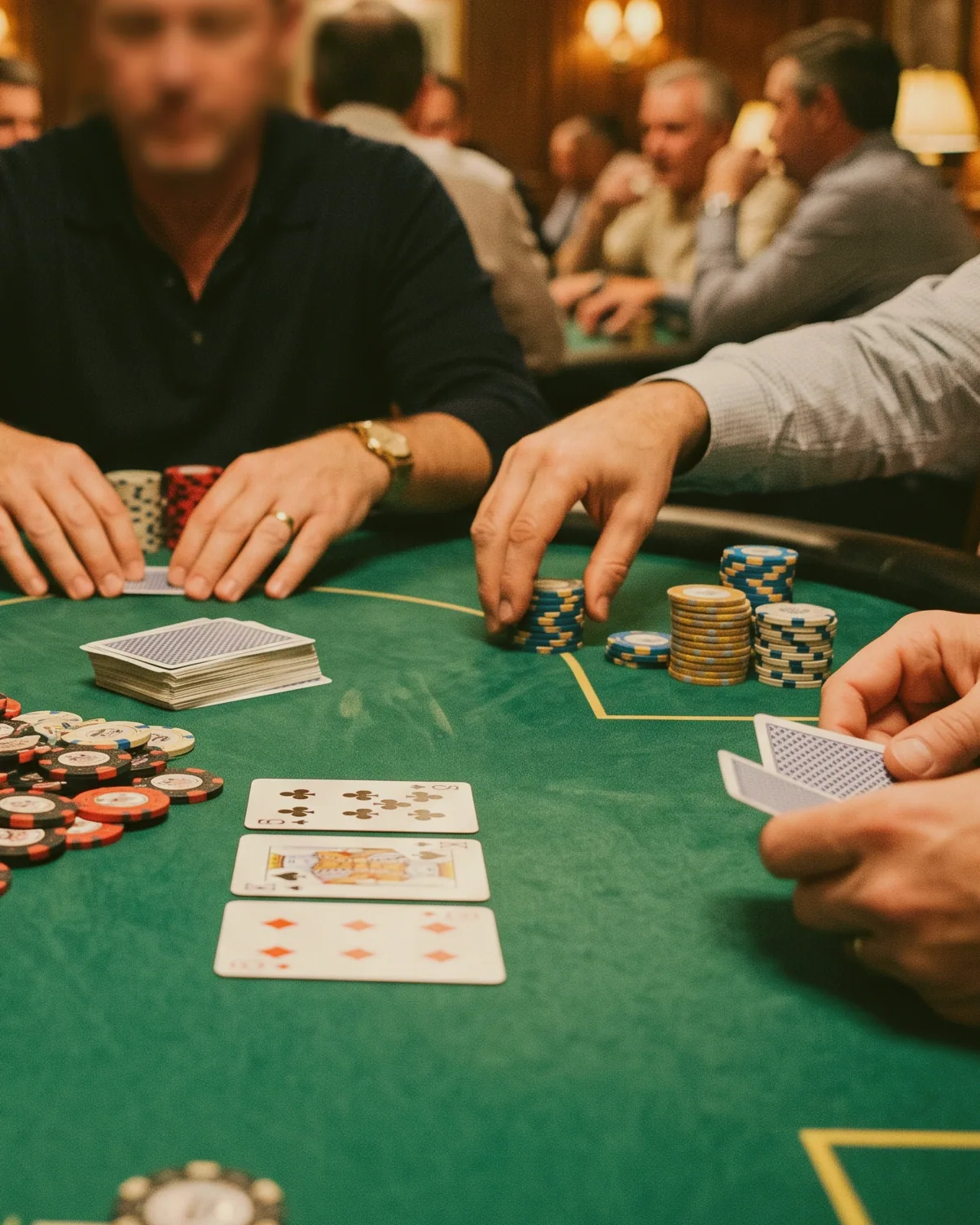 Chip stacks arranged in even rows on a card table before an evening of euchre begins.